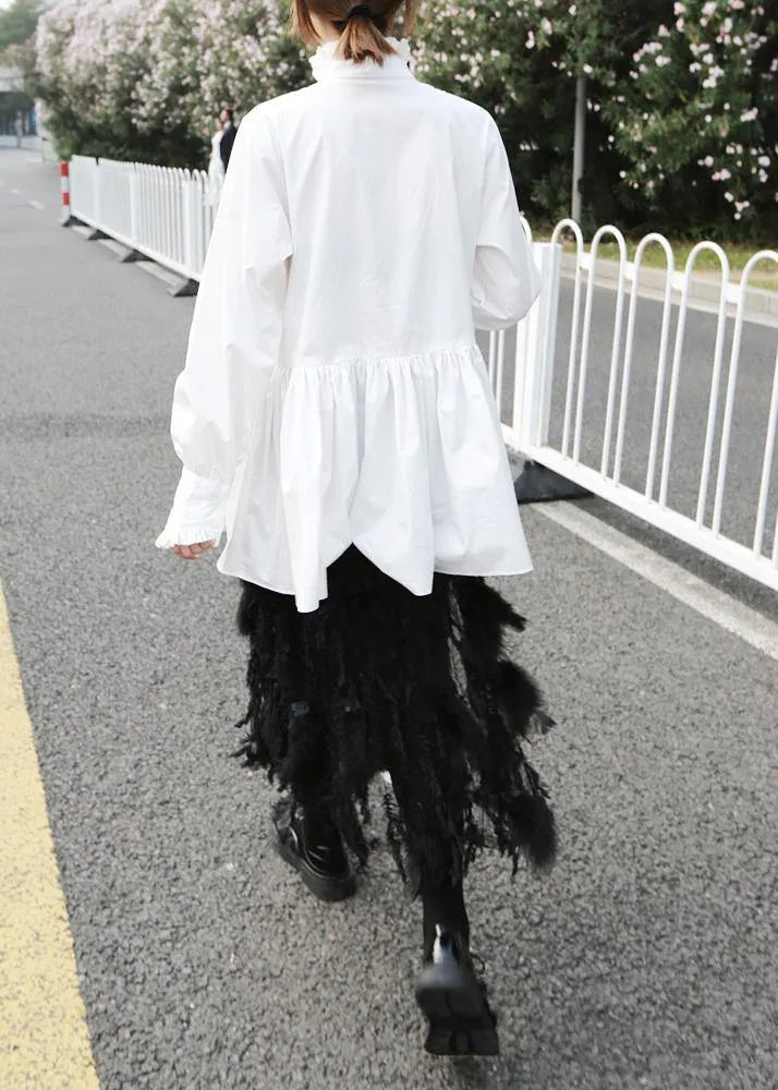 Natural White Cotton Clothes for Ruffles Stand Collar Loose Summer Blouse