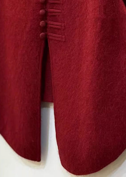 Red Chinese Button Side Open Knit Vests Winter