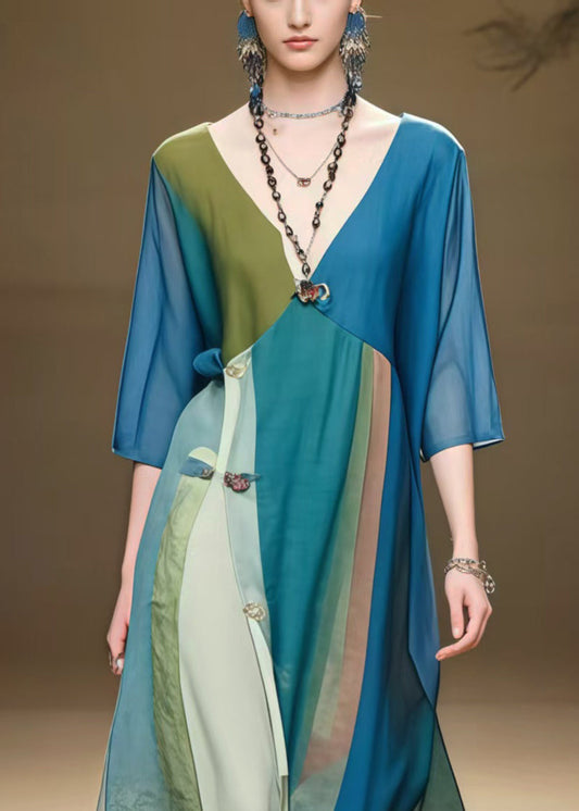 Peacock Blue Patchwork Chiffon Vacation Dress Asymmetrical Design Summer