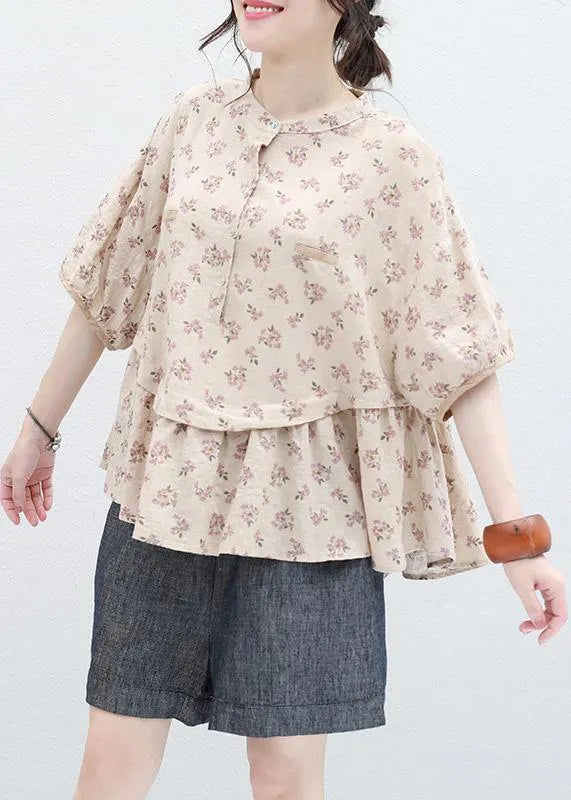 Stand Collar Nude Prints Linen Top Silhouette Design Half Sleeve Blouses Summer