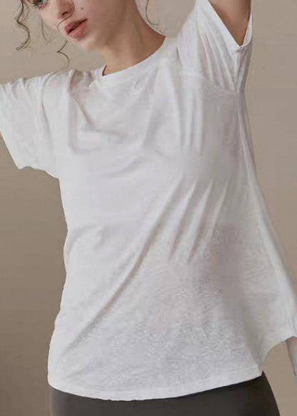 Modern White O-neck Hollow Out Loose Yoga Tops