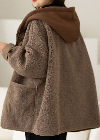 Coffee Fake Two Piece Fine Cotton Filled Teddy Faux Fur Jackets Hooded Drawstring Winter