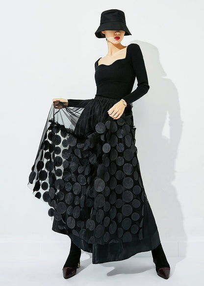 Original Design Green-black Dot Elastic Waist Patchwork Wrinkled Tulle Skirt Summer
