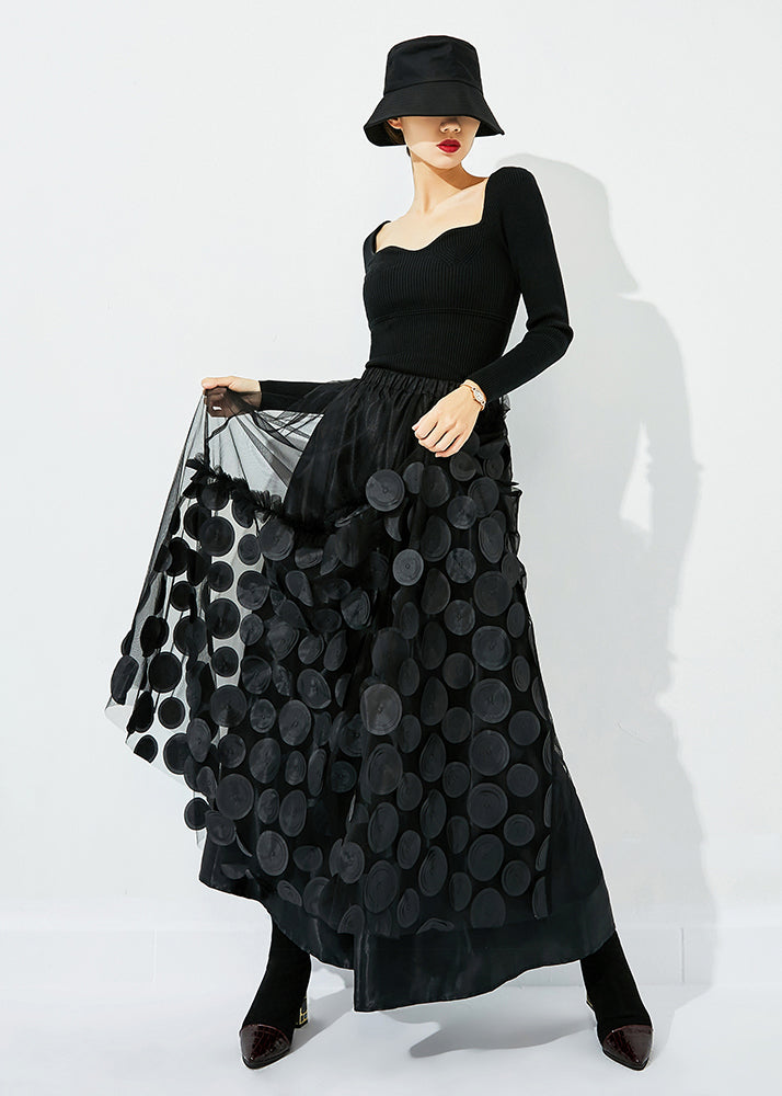 Original Design Black-blue Dot Elastic Waist Patchwork Wrinkled Tulle Skirt Summer
