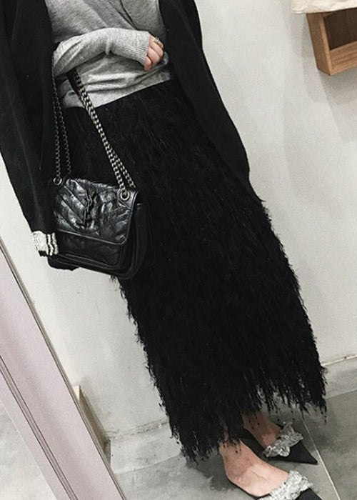 Black Feather Knit Spring Skirts High Waist
