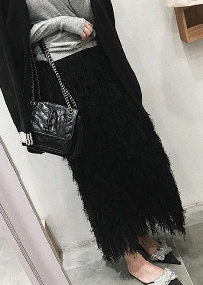 Black Feather Knit Spring Skirts High Waist