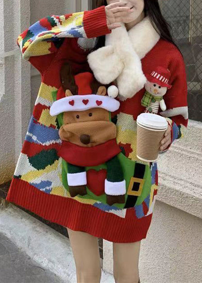 Christmas Themed Elk Sweater Red With Loose and Lazy Style