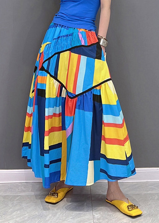 Loose Multi Striped Wrinkled Patchwork Pockets Elastic Waist Skirt Summer