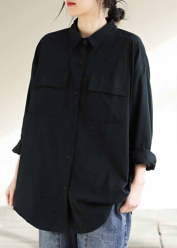 Italian Lapel Pockets Spring Tops Black Blouses