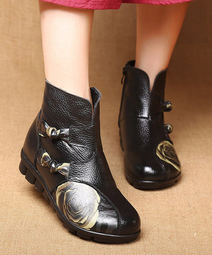 Splicing Flats Ankle Boots Black Cowhide Leather
