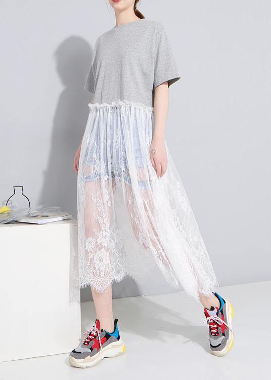 100% Gray Cotton Clothes for O Neck Maxi Patchwork Sundress