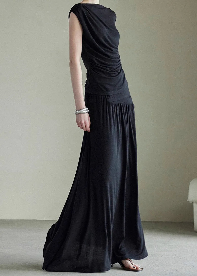 Handmade Grey Slash Neck Vest and Maxi Skirts Cotton Two Piece Set Sleeveless