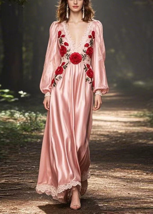 Novelty Pink V Neck Patchwork Silk Long Dress Spring