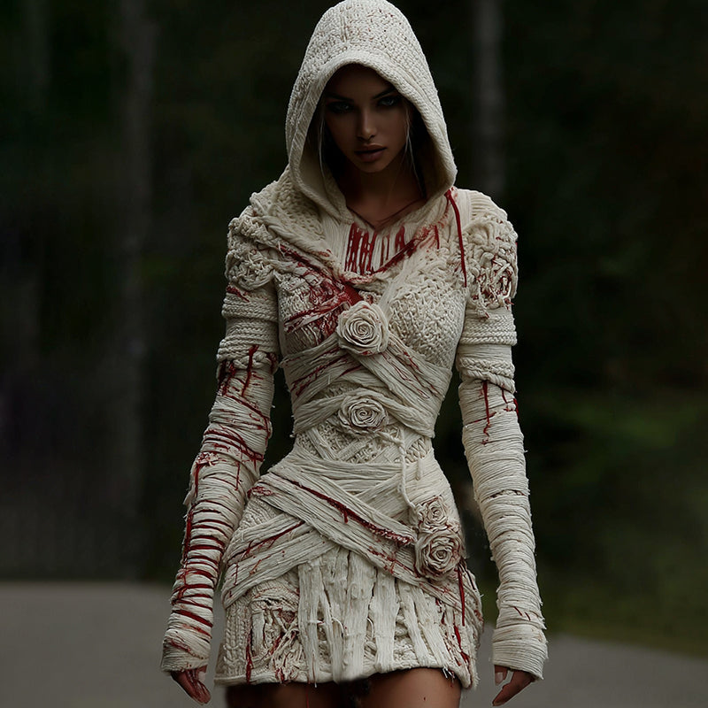 Women's Halloween Muscle Anatomy Bandage With Rose Art Cozy Knit Hooded Sweater Dress artswardrobe