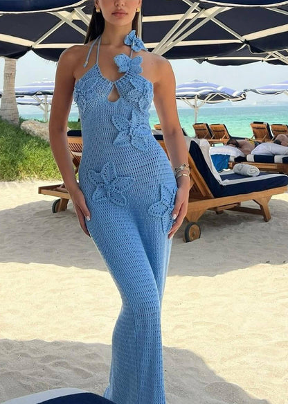 Slim Fit Blue Halter Backless Knit Long Dress Sleeveless