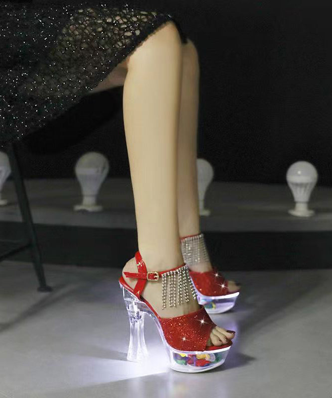 Zircon Tassel Crystal Chunky Heel Sandals Silver