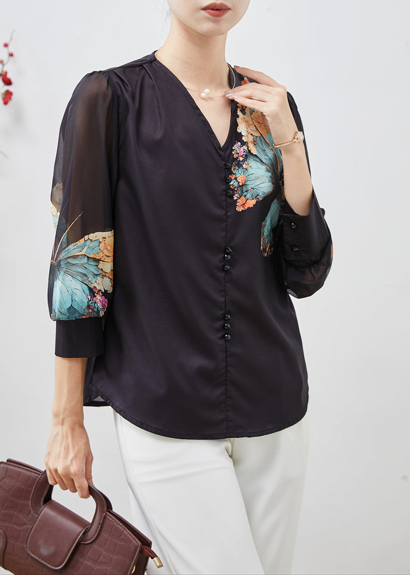 Black V Neck Butterfly Silk Blouses Spring