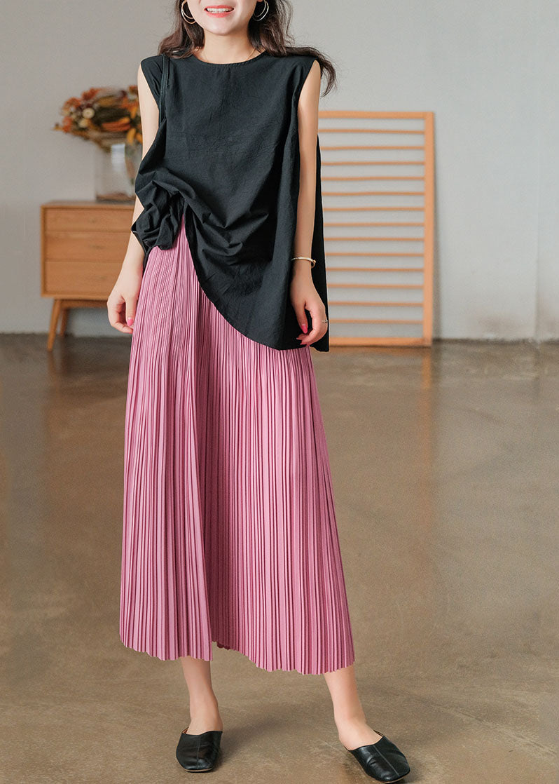 Pink Elastic Waist Cotton Pleated Skirts