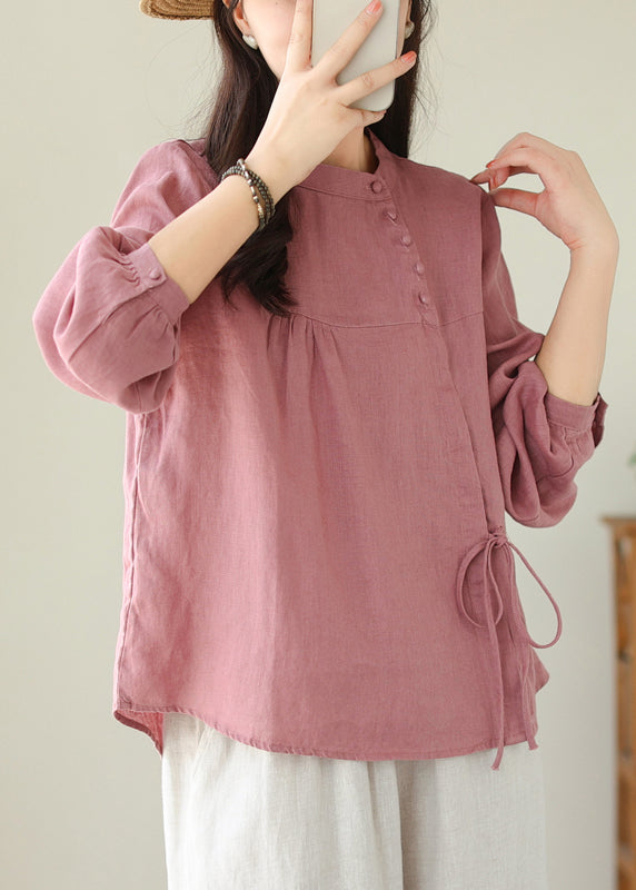 Linen Stand Collar Lace Up Cotton Shirt Top Spring