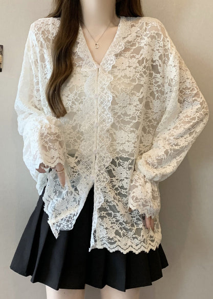Beige V Neck Button Lace Shirt Flare Sleeve