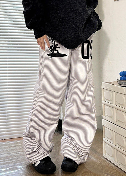 New Striped Pockets Elastic Waist Thickd Pants Winter