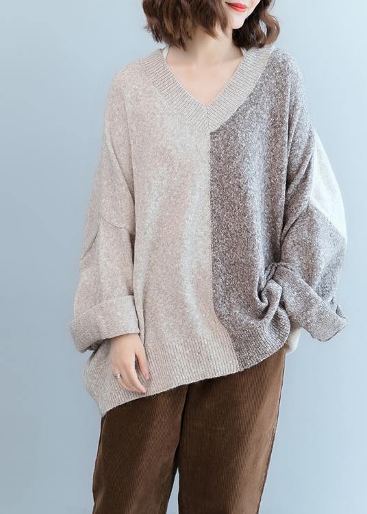 For Work Gray Knitted T Shirt V Neck Patchwork Knit Sweat Tops