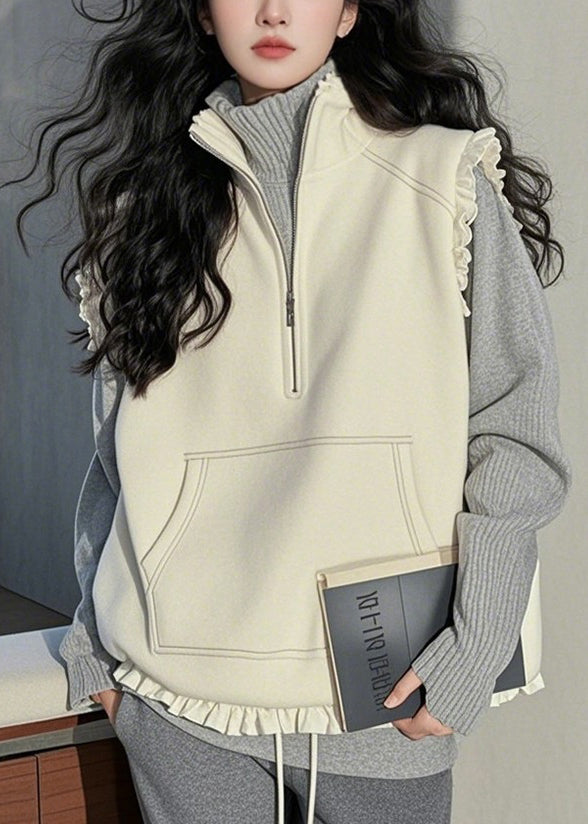 Organic White Zip Up Ruffled Patchwork Cotton Vest Sleeveless