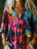 Women's Colorful Tie-dye Flower Art Print Casual Cotton Linen Shirt