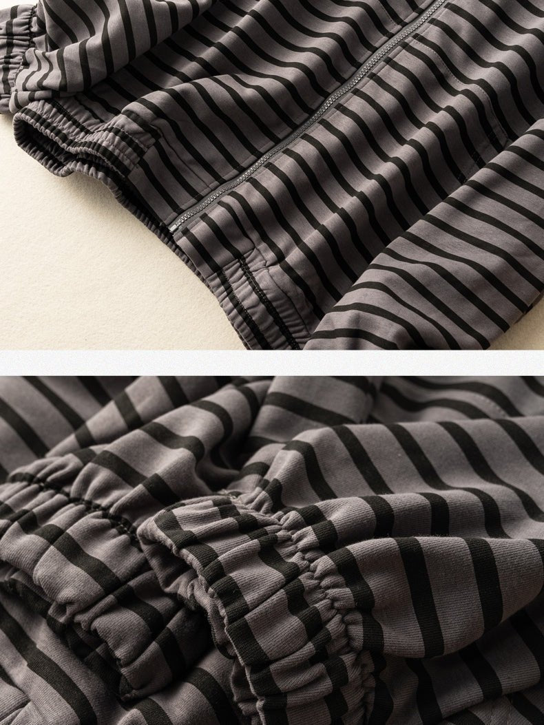 100% Natural Material Striped Zipper Literary Retro Hoodie Coat