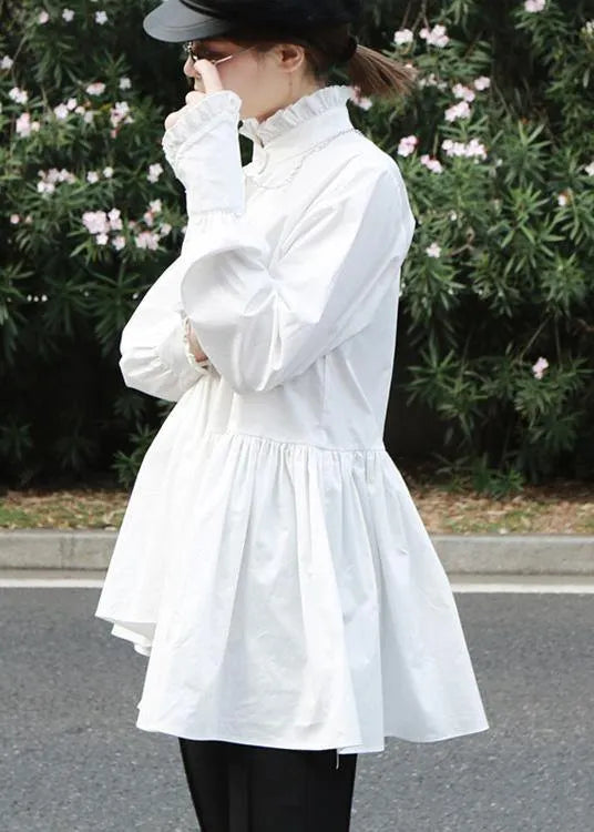 Natural White Cotton Clothes for Ruffles Stand Collar Loose Summer Blouse