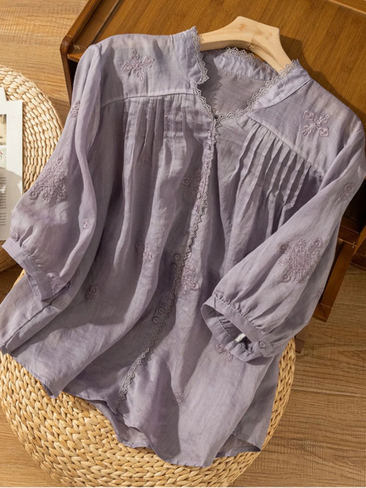 Embroidered V Neck 3/4 Sleeve Linen Shirt Top