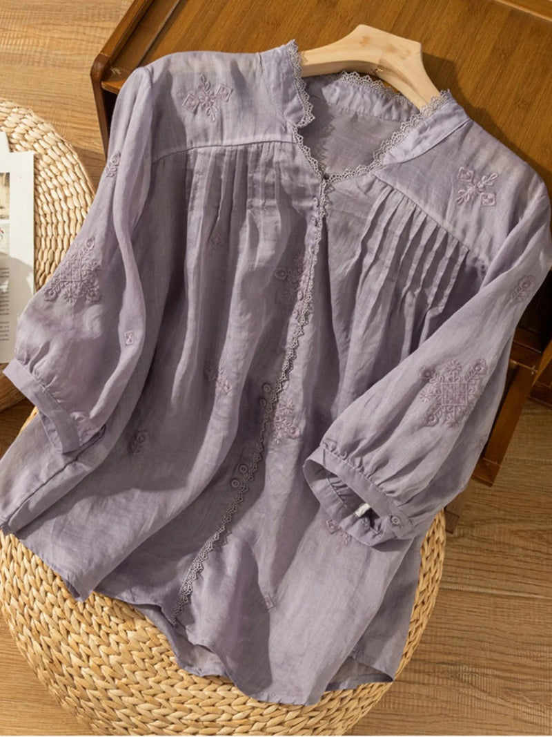 Embroidered V Neck 3/4 Sleeve Linen Shirt Top