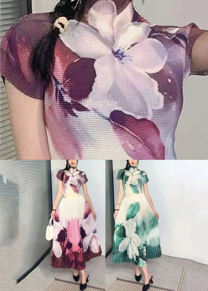 Purple Wrinkled T Shirt and Skirts Two Pieces Set Summer