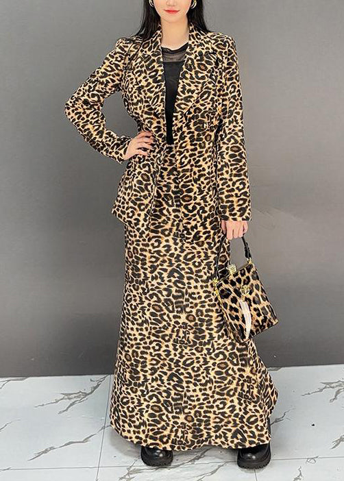 Leopard Coat and Skirts Two Pieces Set Fall