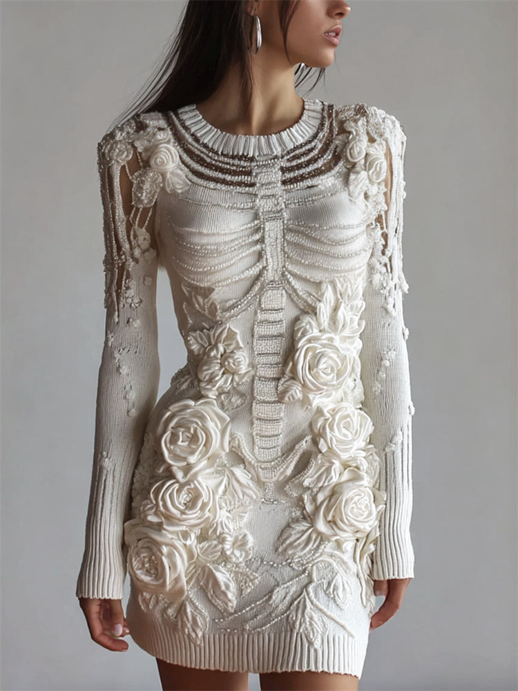 Comstylish Classy Glitter Beaded Skeleton White Roses Knit Sweater Dress