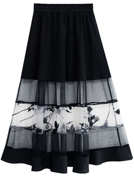 Black Elastic Waist Hollow Out Tulle Patchwork Cotton a Line Skirts Summer