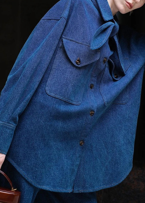 Denim Blue Peter Pan Collar Button Shirt and Pants Two Pieces Set Fall