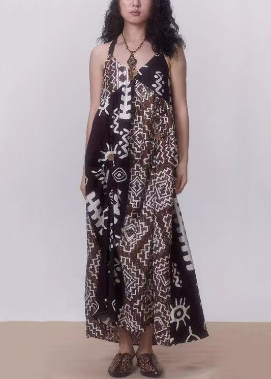 Coffee Backless Print Patchwork Cotton Spaghetti Strap Dress Sleeveless