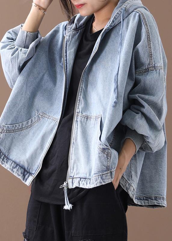 Modern Hooded Zippered for Light Blue Loose Coats