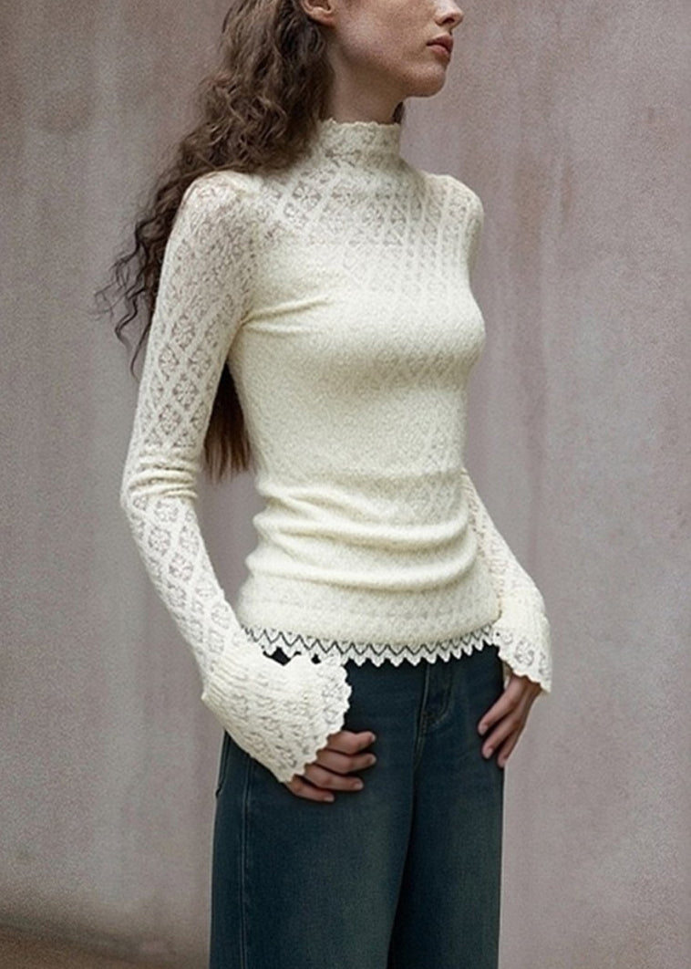 French White Turtleneck Lace T Shirts Flare Sleeve