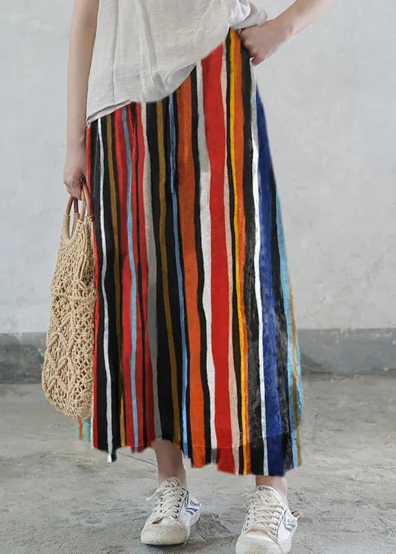 Colorful Stripes Elastic Waist Tie Waist Print Cotton Skirts Spring