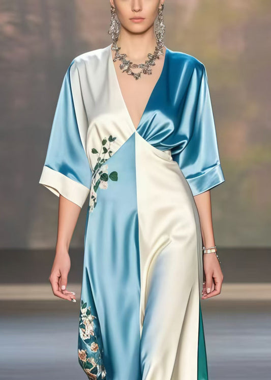 Colorblock V Neck Print Silk Dresses Half Sleeve