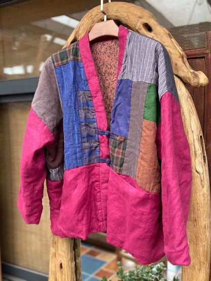 Spliced Button 100%linen Padded Coat