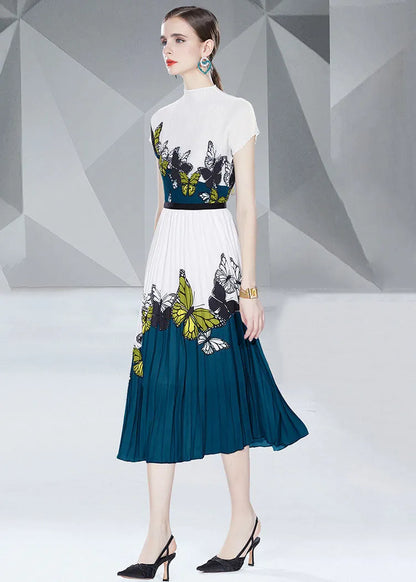 Blue Butterfly Print Patchwork Tops and Skirts Cotton Two Pieces Set Summer