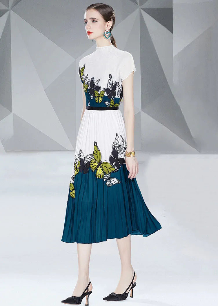 Blue Butterfly Print Patchwork Tops and Skirts Cotton Two Pieces Set Summer