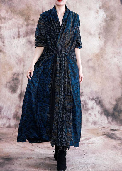 Style V Neck Pockets Outfits Blue Print Loose Dress Fall
