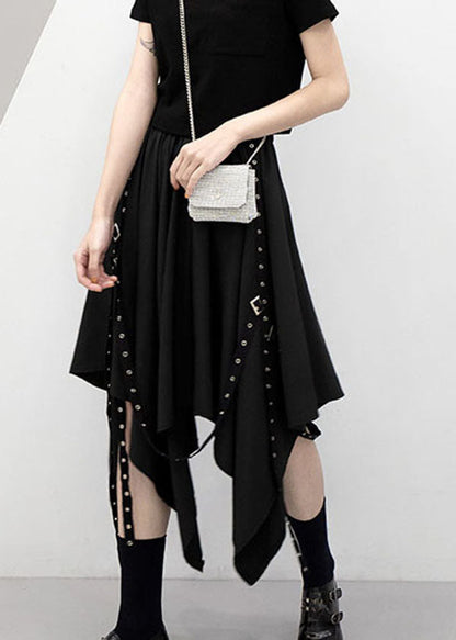 Black Elastic Waist Asymmetrical Design Color Skirt Summer