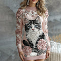 Comstylish Women's Cute Cat With Rose Art Cozy Knit Mini Sweater Dress