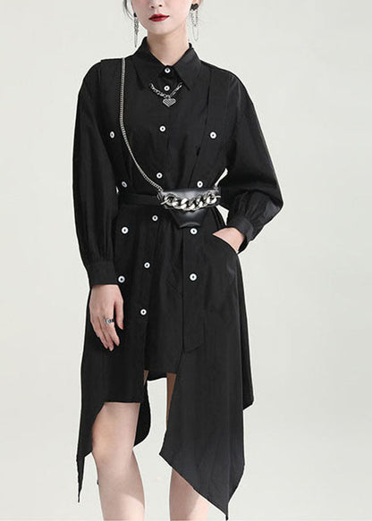 Modern Black Color Asymmetrical Design Cotton Long Shirt Tops Fall