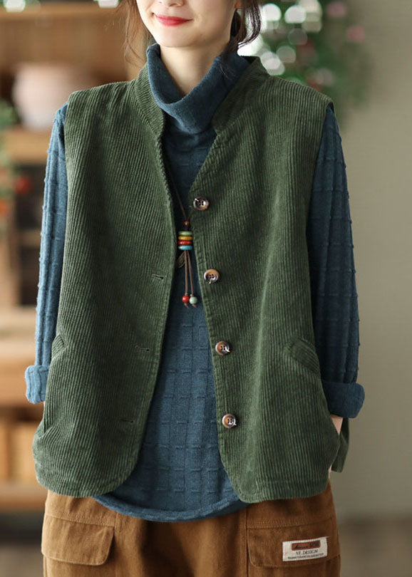 Boutique Green Stand Collar Corduroy Vest Tops Spring